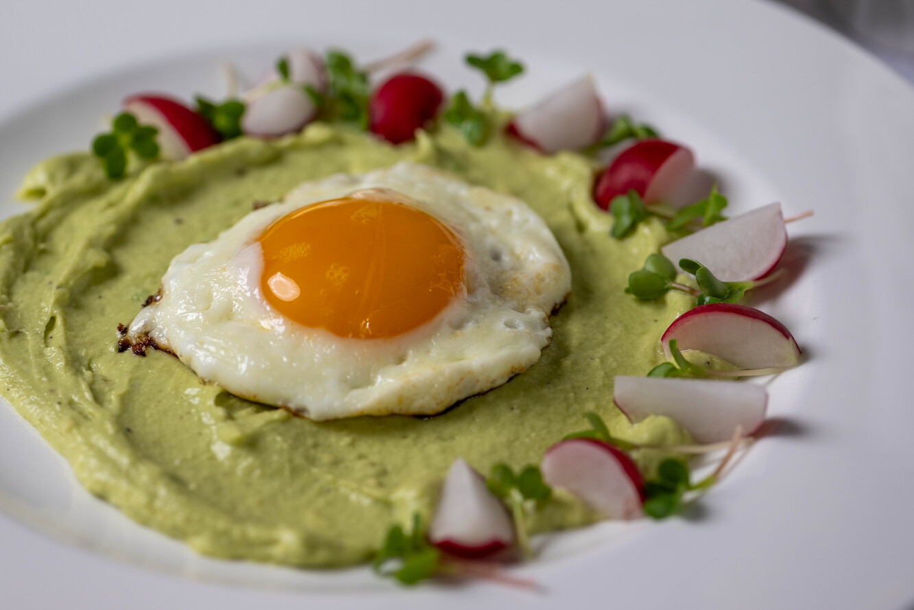 Avocado-Creme mit Radieschen und einem Spiegelei auf einem weißen Teller angerichtet.
