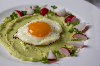 Avocado-Creme mit Radieschen und einem Spiegelei auf einem weißen Teller angerichtet.