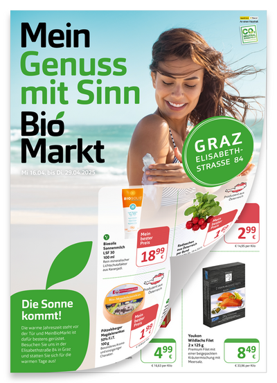 Frühlings-Angebot von MeinBioMarkt Graz mit Sonnencreme, Radieschen & mehr – gültig 16.04.–29.04.2025.